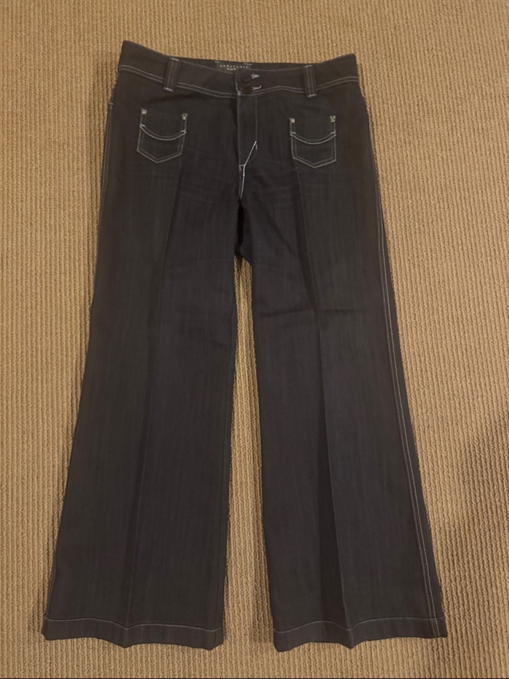 Wide Leg Dark Denim Pants with Contrast Stitching